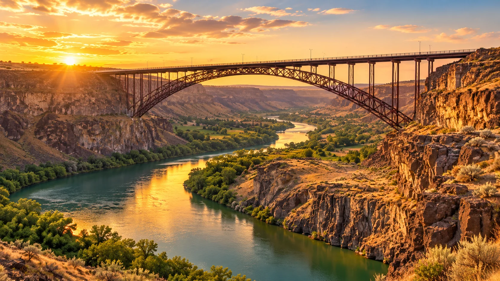 Illustrated view inspired by the Perrine Bridge above the Snake River Canyon